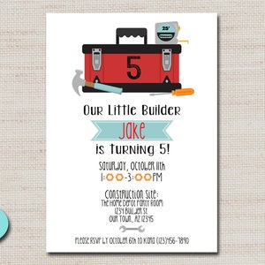 Builder, Construction, tool box invitation - PRINTABLE DIGITAL FILE - 5x7