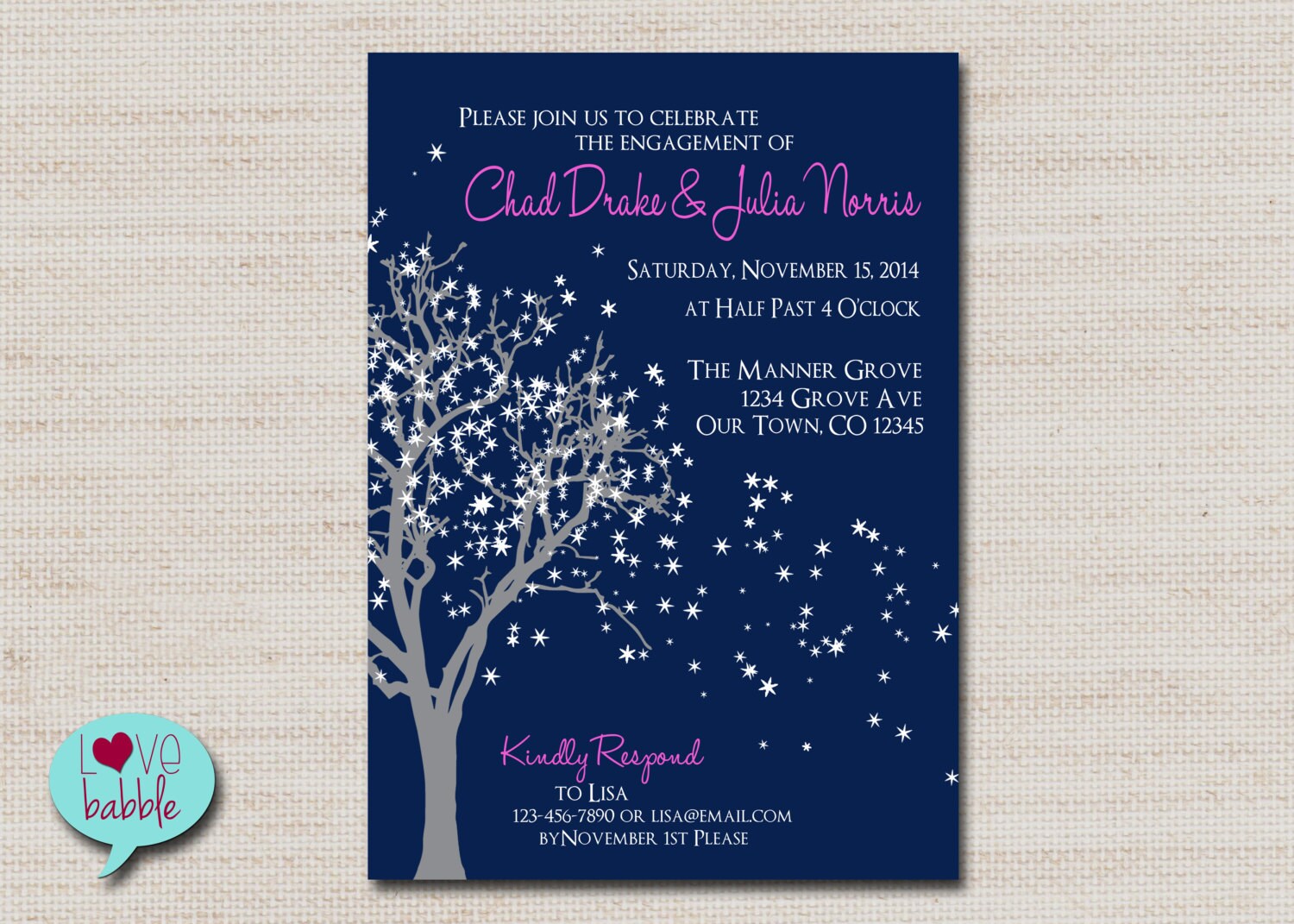 Winter Engagement Party, Rehearsal dinner, Couple's Bridal shower, Invitation, Snowflake, Frozen Tree - PRINTABLE DIGITAL FILE - 5x7