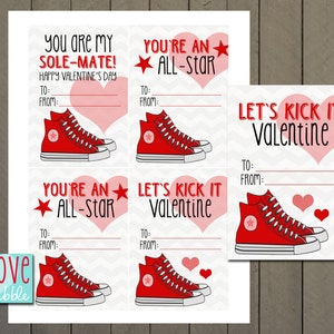 High top, All star, Shoe,  Tween Valentine Exchange Cards Tag - PRINTABLE DIGITAL FILE - 8.5x11 page of 4