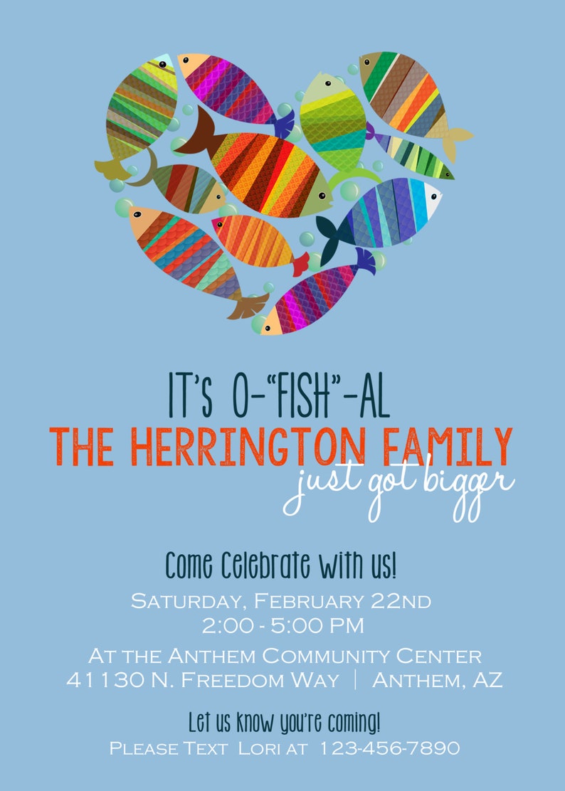 Baby Family Shower adoption party Invitation, Fish Blue Red PRINTABLE DIGITAL FILE 5x7 image 2