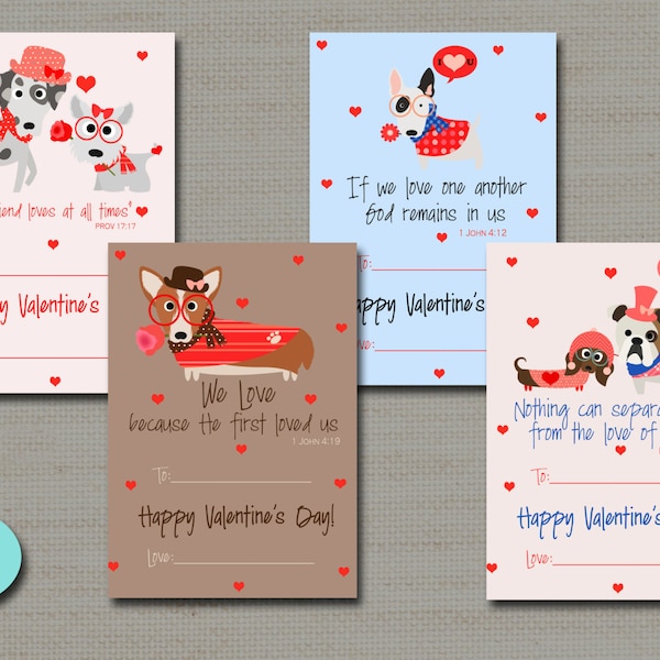 Christian Scripture Puppy Dog Valentines, Valentine Cards, Valentine's Day Invitation - PRINTABLE DIGITAL FILE - 8.5x11 set of 8