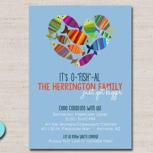Baby Family Shower adoption party Invitation, Fish Blue Red PRINTABLE DIGITAL FILE 5x7 image 1