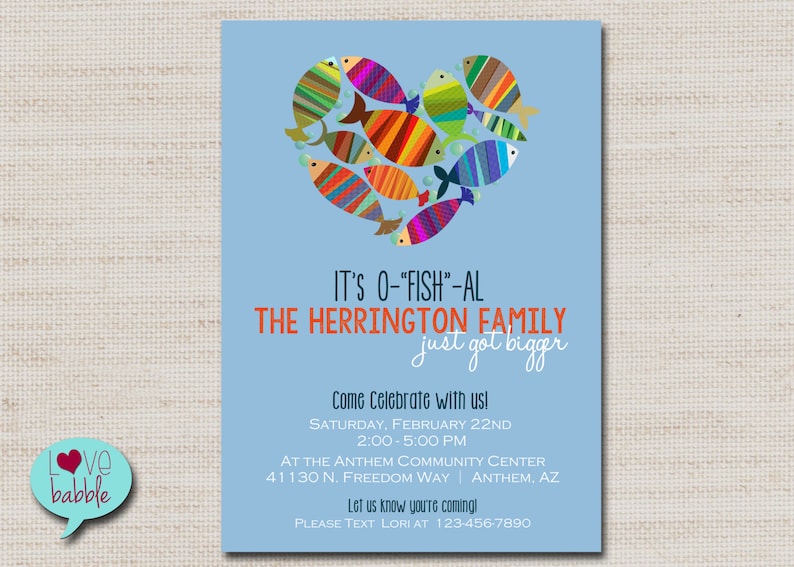 Baby Family Shower adoption party Invitation, Fish Blue Red PRINTABLE DIGITAL FILE 5x7 image 1