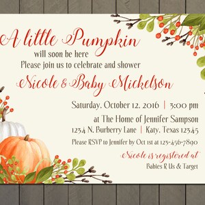 Fall Pumpkin Invitation, Baby Shower, Bridal Shower, Autumn Harvest Thanksgiving Invitation, First Birthday - PRINTABLE DIGITAL FILE - 5x7