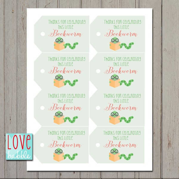 Baby Shower | Books | Book worm | favor tags | 8 per printable page - PRINTABLE DIGITAL FILE - 8.5x11