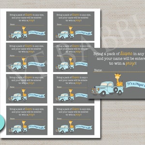 Baby Giraffe Vintage Truck Baby Shower,  Diaper Raffle Ticket Card insert - sheet of (8) 3&quot;x3.5&quot; labels - PRINTABLE DIGITAL FILE