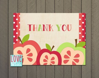 Apple Fall Teacher Thank you note card, pink red  - PRINTABLE DIGITAL FILE 5.5"x4"