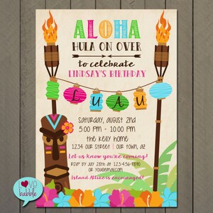 Luau Hawaiian Island Tiki Party Invitation - PRINTABLE DIGITAL FILE - 5x7