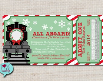 Christmas Train invitation, Christmas Party invitation, Train Ticket, All Aboard Invitation - PRINTABLE DIGITAL FILE - 4" x 8"