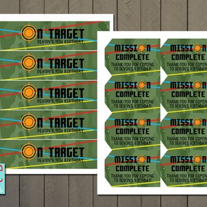 Lasergame, doelwit, missie voltooid Favor Tag en waterflesetiketten - AFDRUKBARE DIGITALE BESTANDEN