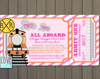 Train Ticket, All Aboard Invitation, Girl Pink - PRINTABLE DIGITAL FILE - 4" x 8"