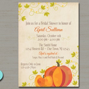 Fall Bridal Shower, Little Pumpkin Baby Shower Autumn Party Thanksgiving Invitation - PRINTABLE DIGITAL FILE - 5x7