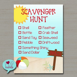 Scavenger Hunt List, Beach Summer outdoor PRINTABLE DIGITAL FILE - 5x7