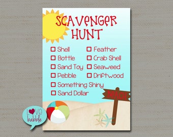 Scavenger Hunt List, Beach Summer outdoor PRINTABLE DIGITAL FILE - 5x7