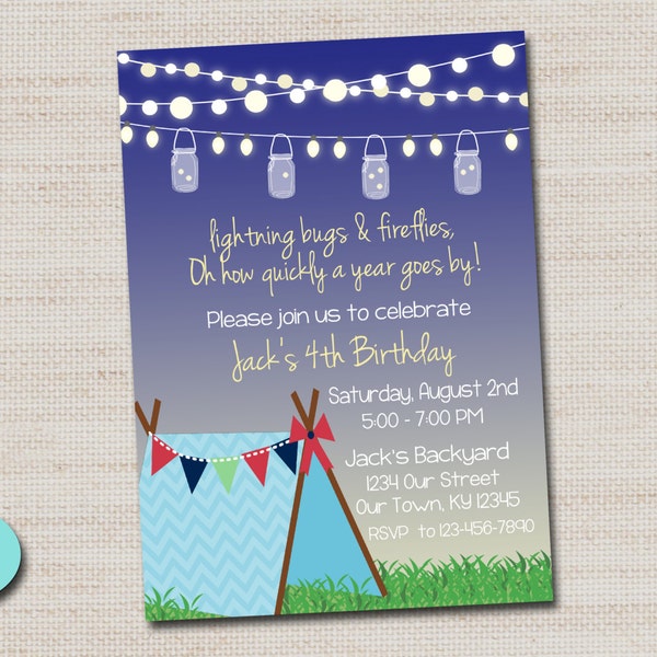 Campout Invitation, Glamping, Fireflies, Twinkle lights, tent, Backyard Party Invitation - PRINTABLE DIGITAL FILE 5x7