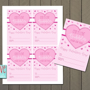 Bubbles Pink Hearts preschool kindergarten Valentine Exchange Cards favor tag - PRINTABLE DIGITAL FILE - 8.5x11 page of 4