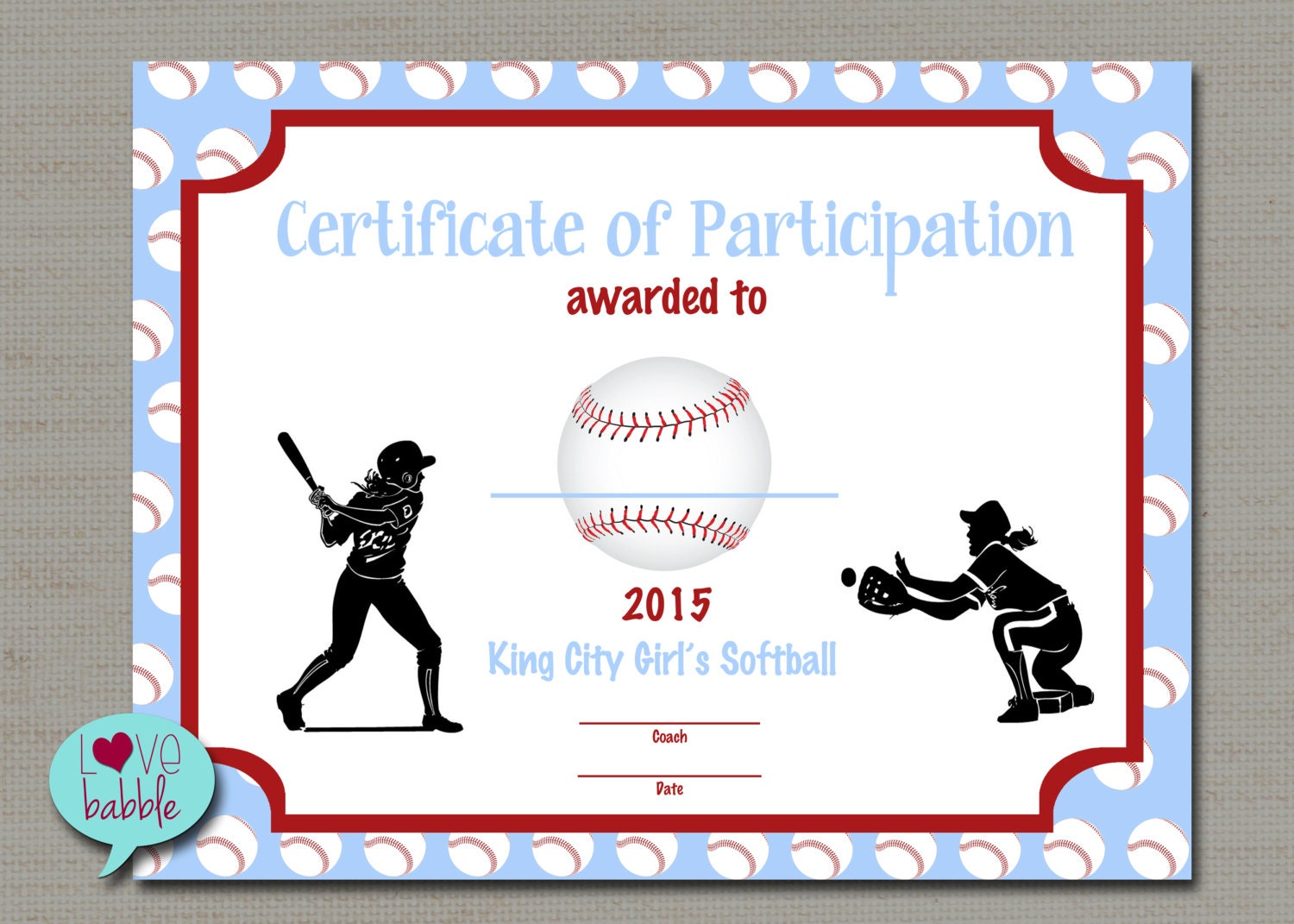 Girls Softball Baseball T ball Award Certificate PRINTABLE DIGITAL FILE  20.20" x 20" Throughout Free Softball Certificate Templates