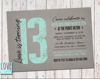 Thirteenth, 13th, 16th, 30th 40th Boys Birthday Party Invitation - PRINTABLE DIGITAL FILE 5x7