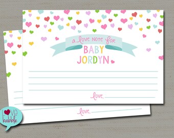 baby shower sprinkle Girl, hearts, love notes, Valentine's day, advice to mother, note for baby cards PRINTABLE DIGITAL FILE - 4x6