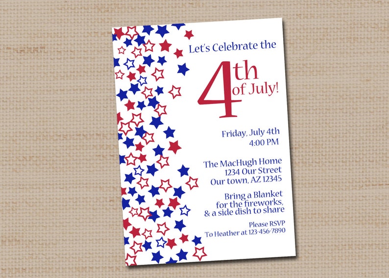 Memorial Day, fourth of July, July 4th Invitation PRINTABLE DIGITAL FILE 5x7 image 1