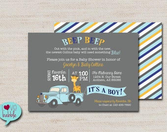 Baby Boy Shower Invitation, Vintage Truck Car, Giraffe, Blue Orange  - PRINTABLE DIGITAL FILE - 5x7