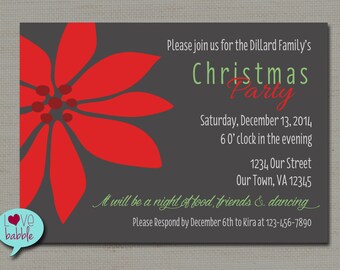 Christmas Winter party Invitation, Ornament Exchange, Pointsetta, - PRINTABLE DIGITAL FILE - 5x7