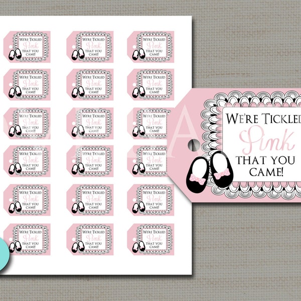 Tickled Pink favor tag, baby girl shower favor tag  - PRINTABLE DIGITAL FILE (1) Sheet of 18 tags