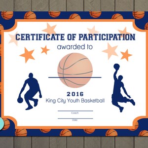 Basketball Sports Award Certificate 8.5 x 11 PRINTABLE DIGITAL FILE