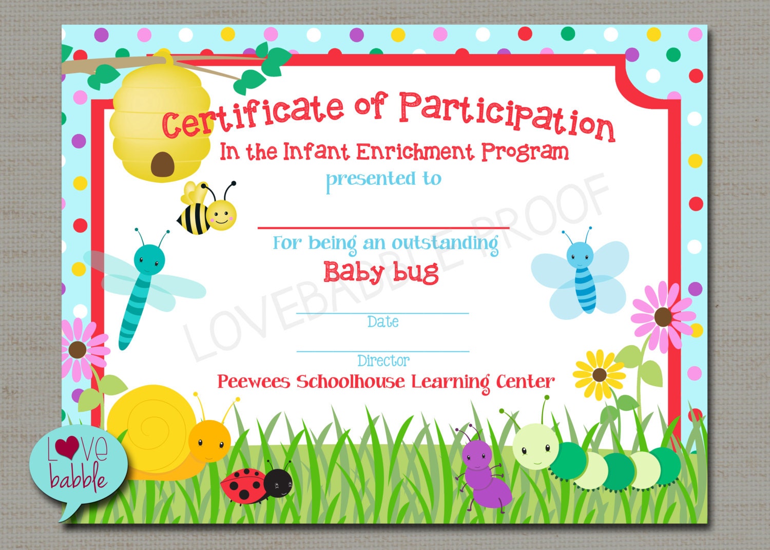 Bugs Award, Spring School Gymnastics Dance Tumbling Preschool Kindergarten  Toddler Award Certificate PRINTABLE DIGITAL FILE 23.23" x 23" Inside Gymnastics Certificate Template