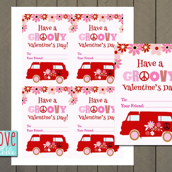 Groovy Hippie Peace Flower Power 70's Girls Valentine Valentine's Day Exchange Cards Tag - PRINTABLE DIGITAL FILE - 8.5x11 page of 4