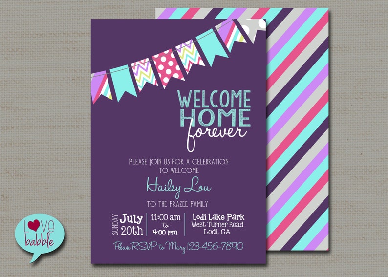 Baby Girl Shower Adoption Invitation Purple Pink Turquoise Etsy