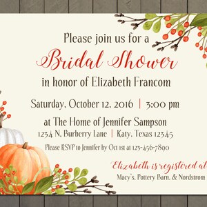 Fall Pumpkin Invitation,  Bridal Shower, Baby Shower, Autumn Harvest Thanksgiving Invitation, First Birthday - PRINTABLE DIGITAL FILE - 5x7