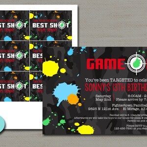 Paintball Paint Ball Party Invitation + Favor Tags Laser Tag, 13th, 16th, Boys Teen Birthday Invitation  PRINTABLE DIGITAL FILE