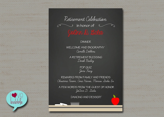 Teacher School Retirement Party Program Invitation Chalkboard - Etsy image.