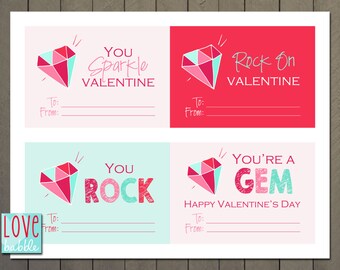 Gem Diamonds Sparkle Bling Girls Pop Ring Valentine Exchange Cards - PRINTABLE DIGITAL FILE - 8.5x11 page of 4