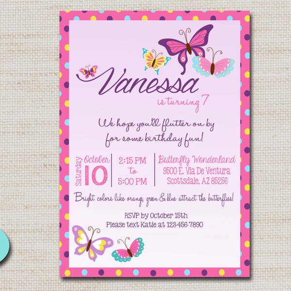 Butterfly Birthday Party Invitation, Girl, Outdoor Park Party - 5x7 PRINTABLE DIGITAL FILE