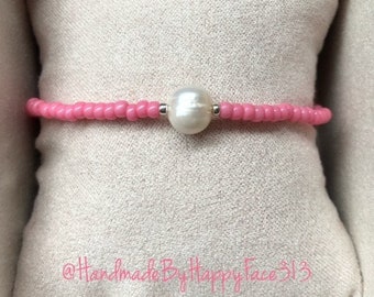 Bracelet SIMPLY BUBBLE GUM Pink made rocailles and sterling silver plated Miyuki beads and with a freshwater pearl - gift idea