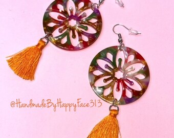 Statement mandala earrings with with orange tassel - ideal gift for bff - summer earrings