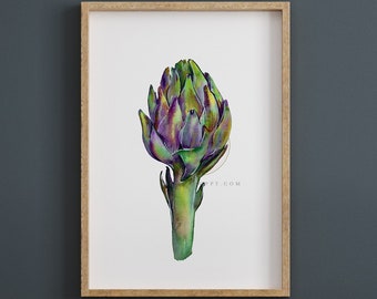 Artisjokschilderij, groentekunst, keukendecor, aquarel schilderen
