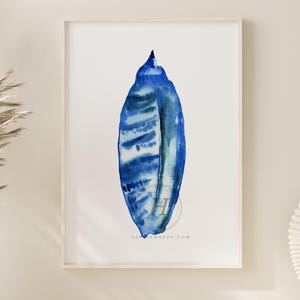 May include: A rectangular wall art print featuring a watercolor painting of a single elongated seashell in shades of deep blue and indigo. The artwork is displayed in a thin, light-colored wooden frame, showcasing a vertical orientation.