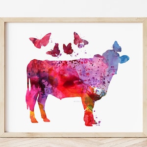 Cow Butterflies Cattle Farm Animals Watercolor Painting Print