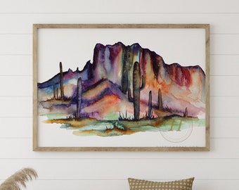Desert Watercolor Painting, Wall Art, Print, Mountain Art, Colorful Wall Art