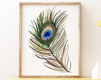 Peacock Feather Watercolor Print Feather Wall Art