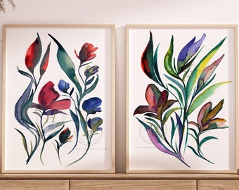 Flower Watercolor Paintings Set of 2 Prints Bold Color