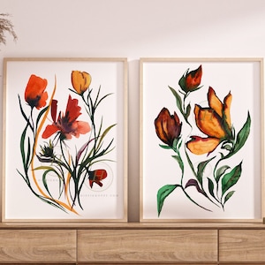 Colorful Flower Watercolor Print set of 2 Floral Wall Art