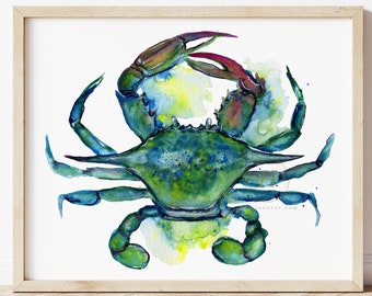 Ilustración de cangrejo, pintura de acuarela original, impresión