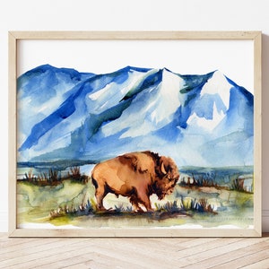 Impression aquarelle de bison, art de buffle
