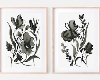 Black Ink Flowers Art Prints, Set of 2, Painted by HippieHoppy