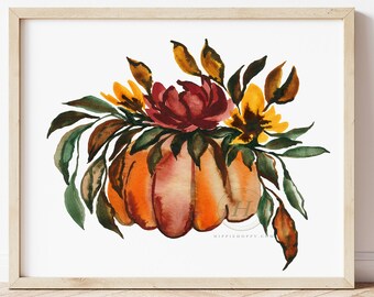 Fall Pumpkin, Flowers, Watercolor Print, Modern Art by HippieHoppy