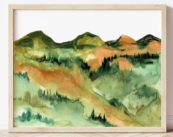 Watercolor Landscape Print: Green Mountain Art